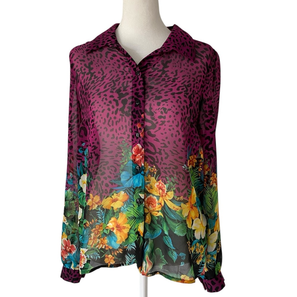Forever 21 Y2K Cheetah Tropical Floral Print Sheer Button Up Blouse Top